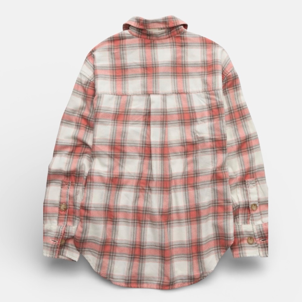 AE Plaid Button-Up Cotton Shirt Khaki & Coral Size Small - Picture 6 of 11